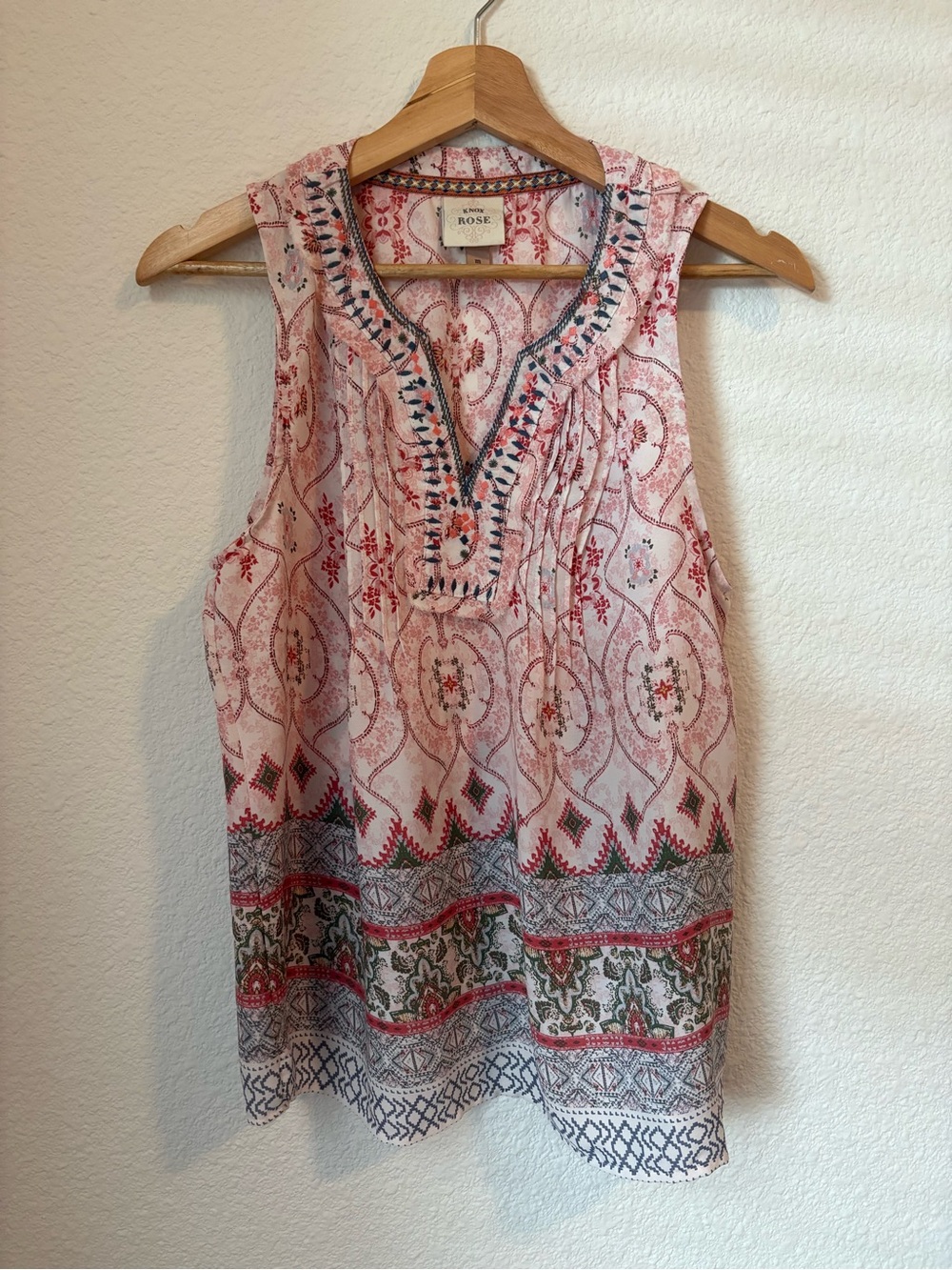 Knox Rose Boho Sleeveless Tunic Top Pink Mixed Print Blouse Size S
